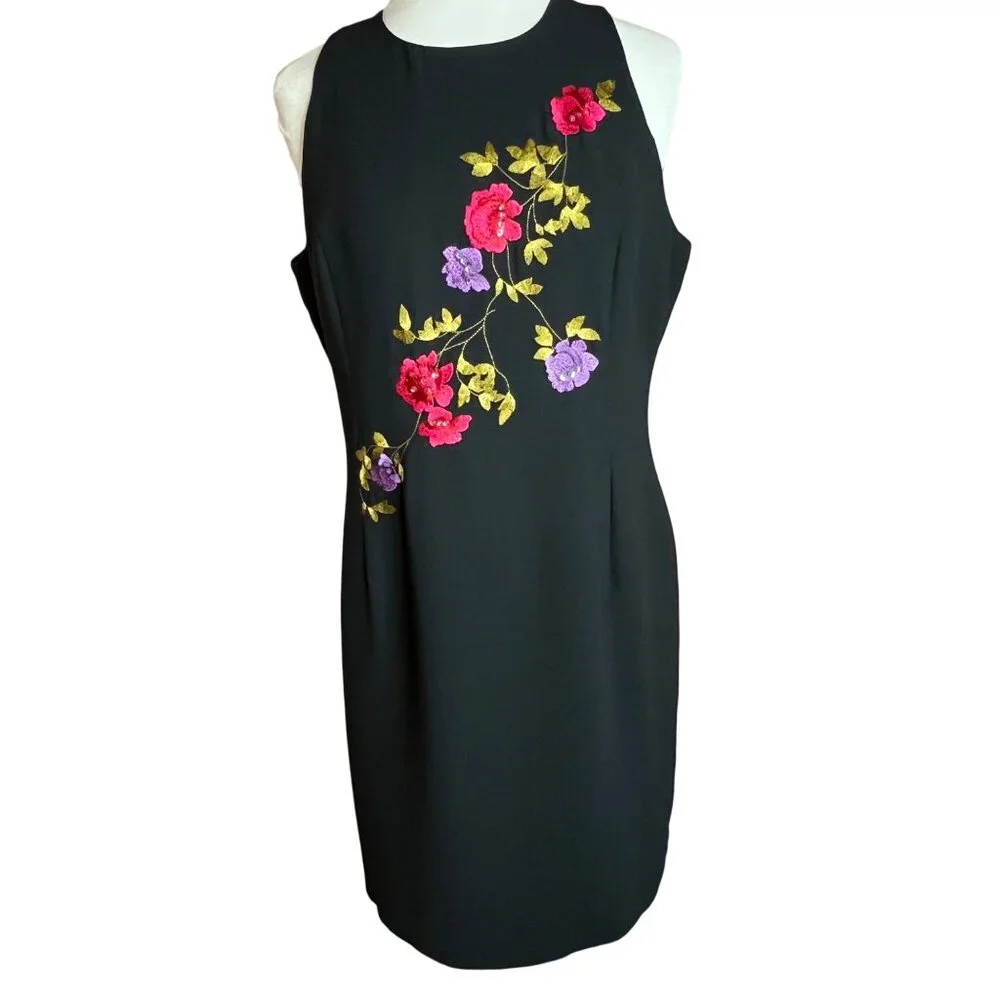 Bob Mackie Studio 14P Black Sleeveless Dress Floral Embroidery Career Formal Y2K